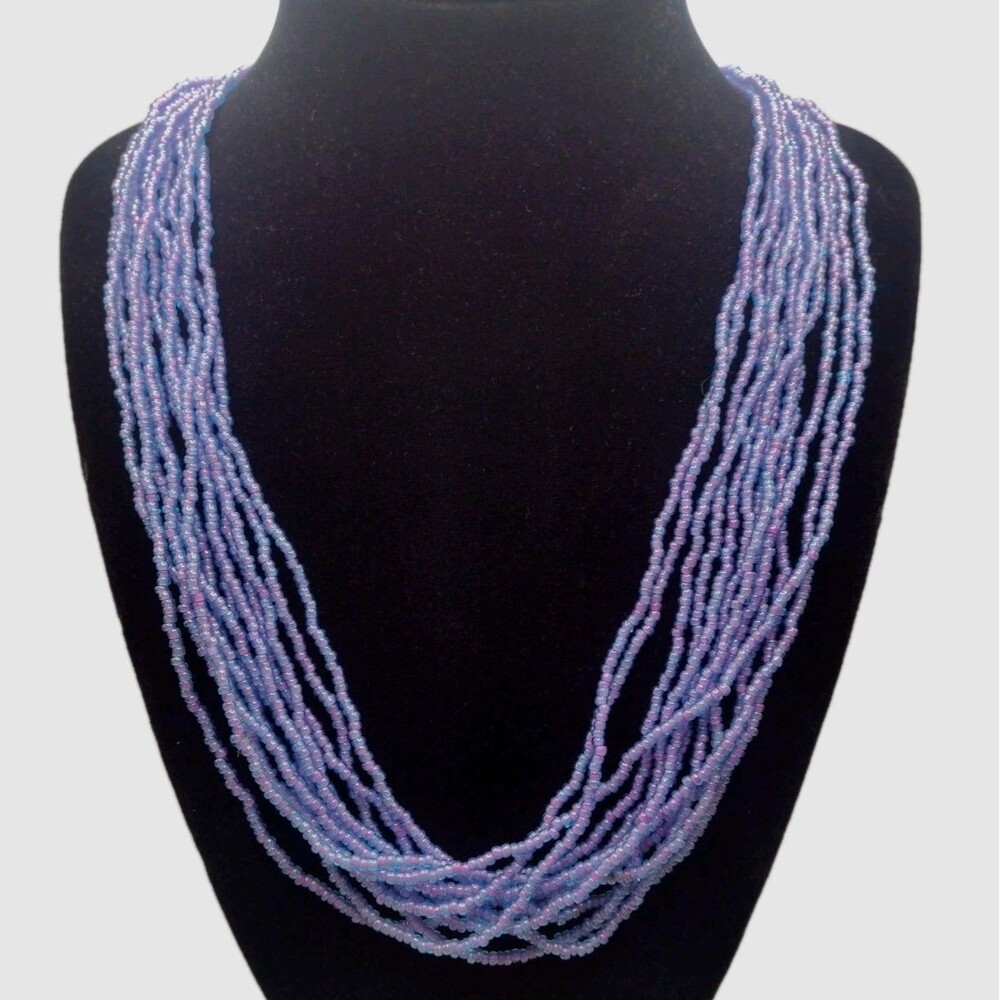 Vintage Lavender Glass Beaded Lilac 12 Strand 20" Necklace Aurora Borealis 2.5mm
